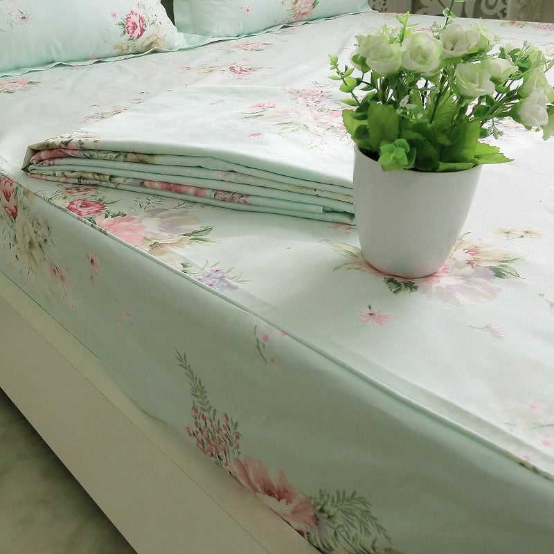 FADFAY Green Floral Bed Sheet Set Cotton Sheets 4-Piece King Size - Image 3